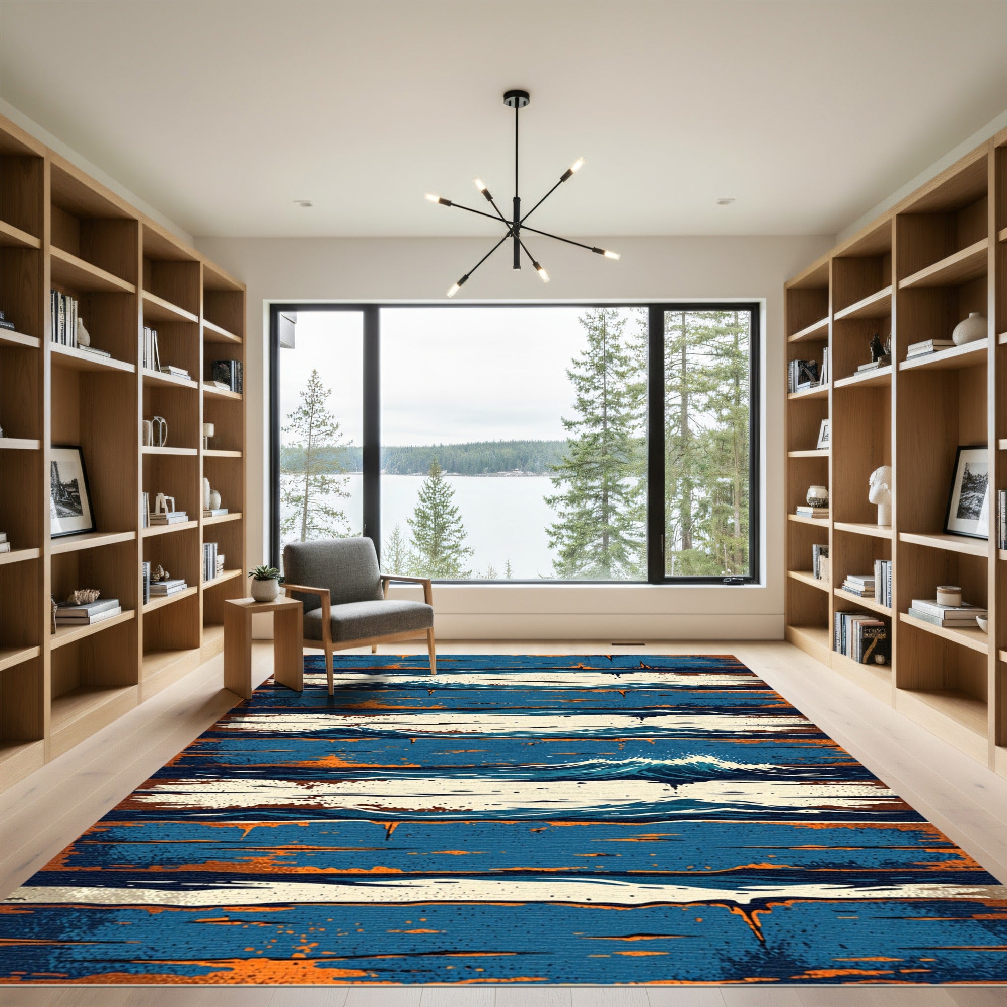 Abstract Blue and Orange Ocean Wave Rug