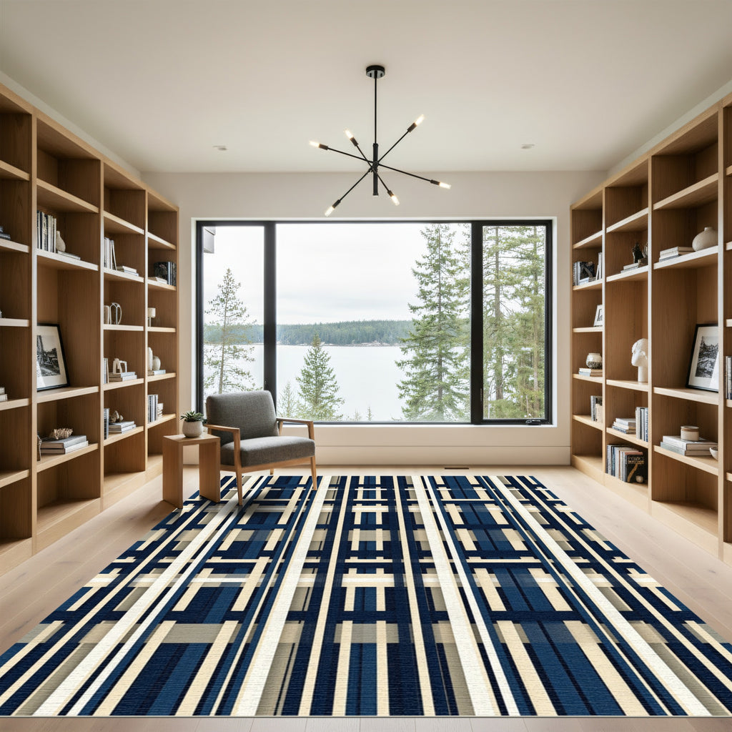 Modern Navy and Cream Grid Weave Rug