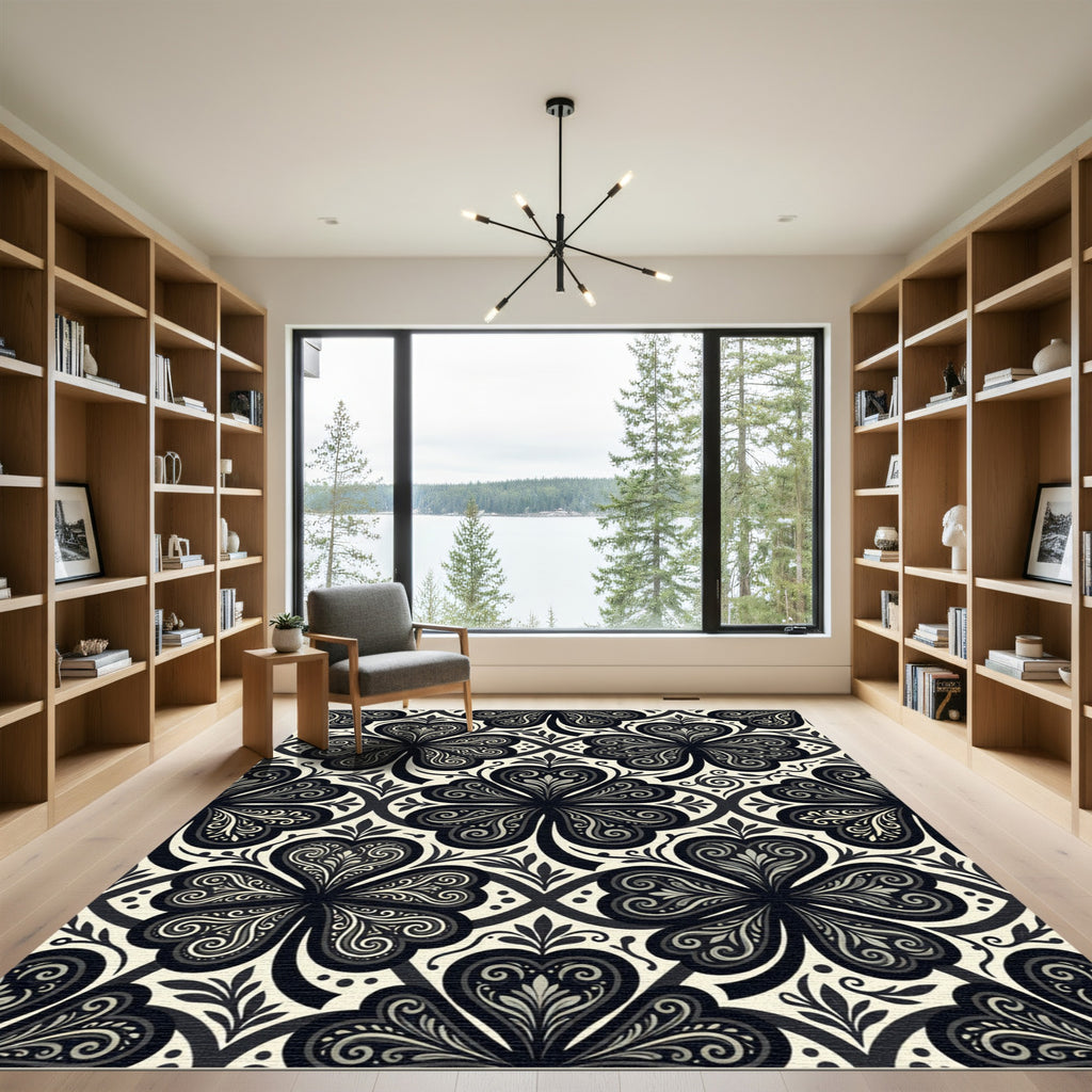 Black White Clover Meadow Swirl Rug