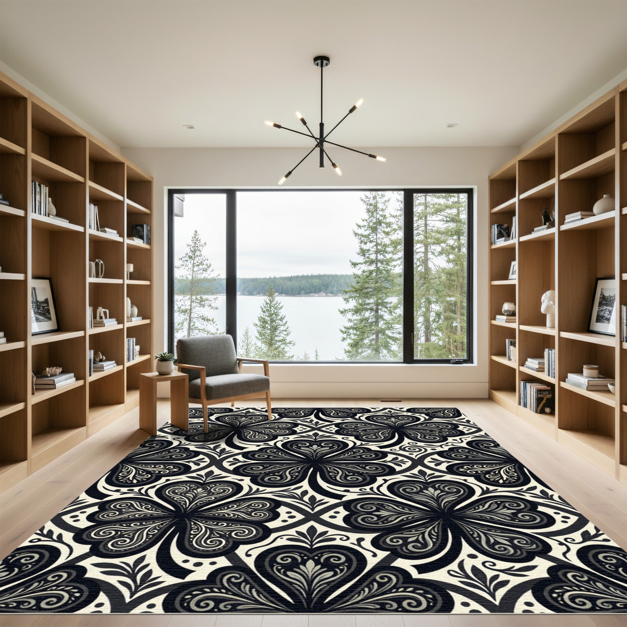 Black White Clover Meadow Swirl Rug
