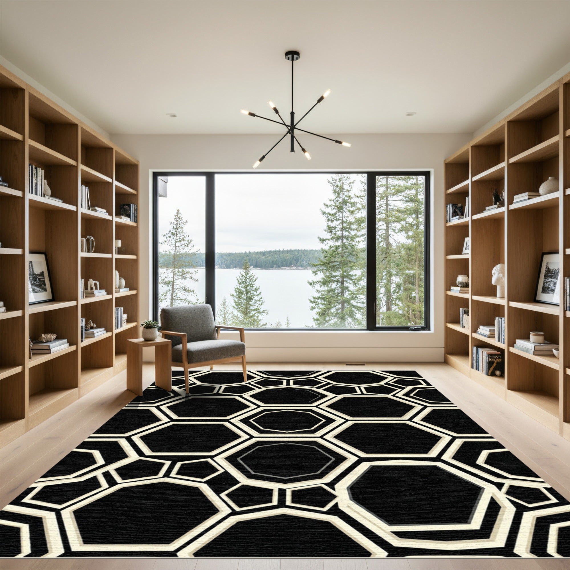 Elegant Monochrome Geometric Hexagon Grid Rug