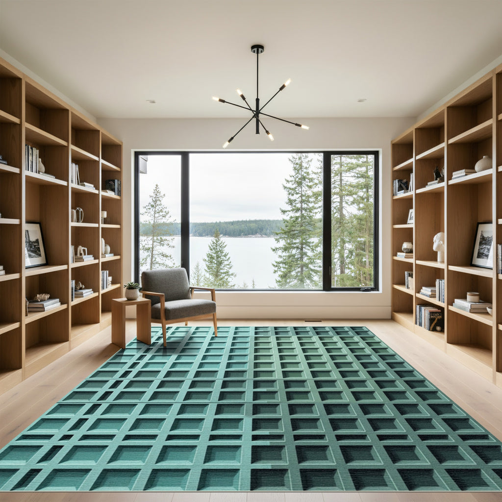 Modern Teal Grid Geometric Textured Rug