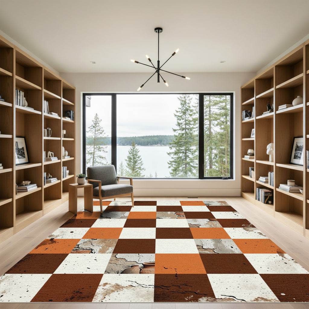 Terracotta White Abstract Checkerboard Rug
