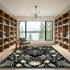 Cream Floral Scroll Border With Black Background Rug