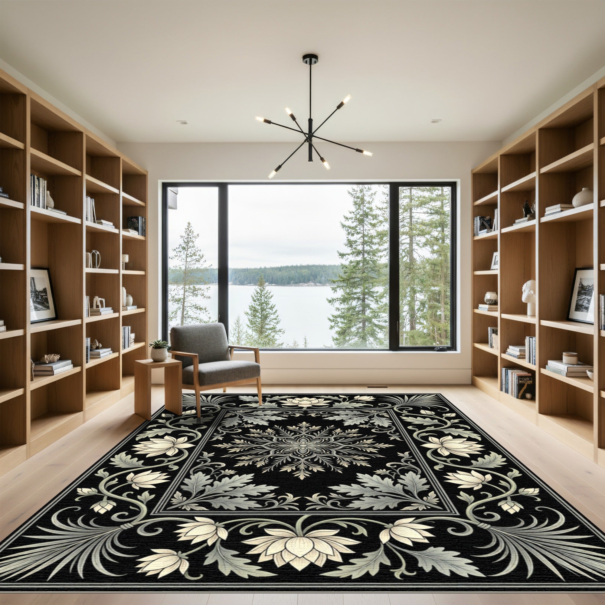 Cream Floral Scroll Border With Black Background Rug