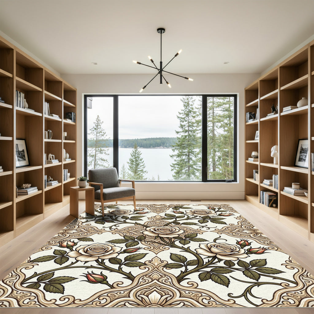 Elegant Cream Rose Floral Damask Rug