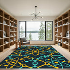 Teal and Golden Atomic Molecular Grid Rug