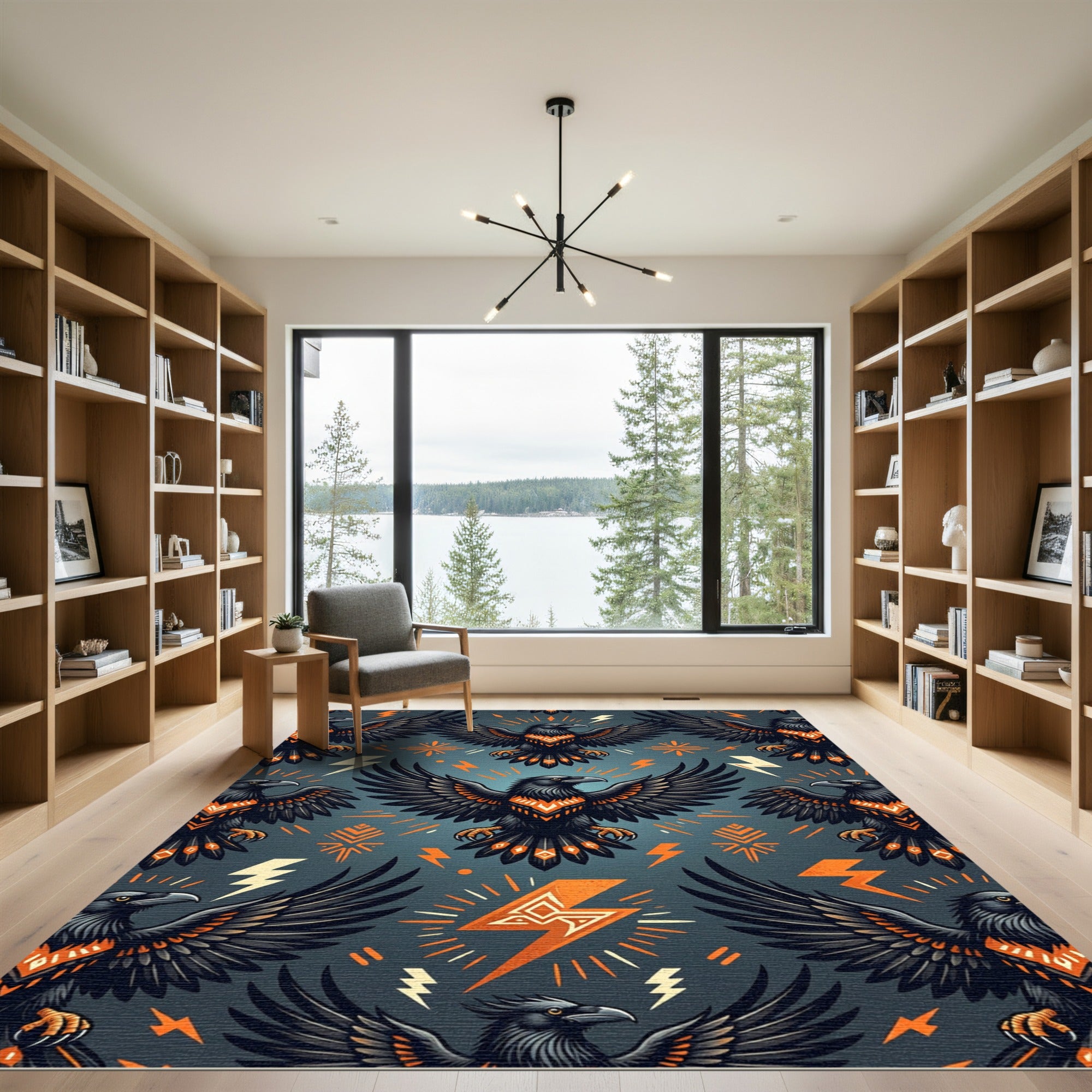 Bold Black Raven Orange Lightning Rug