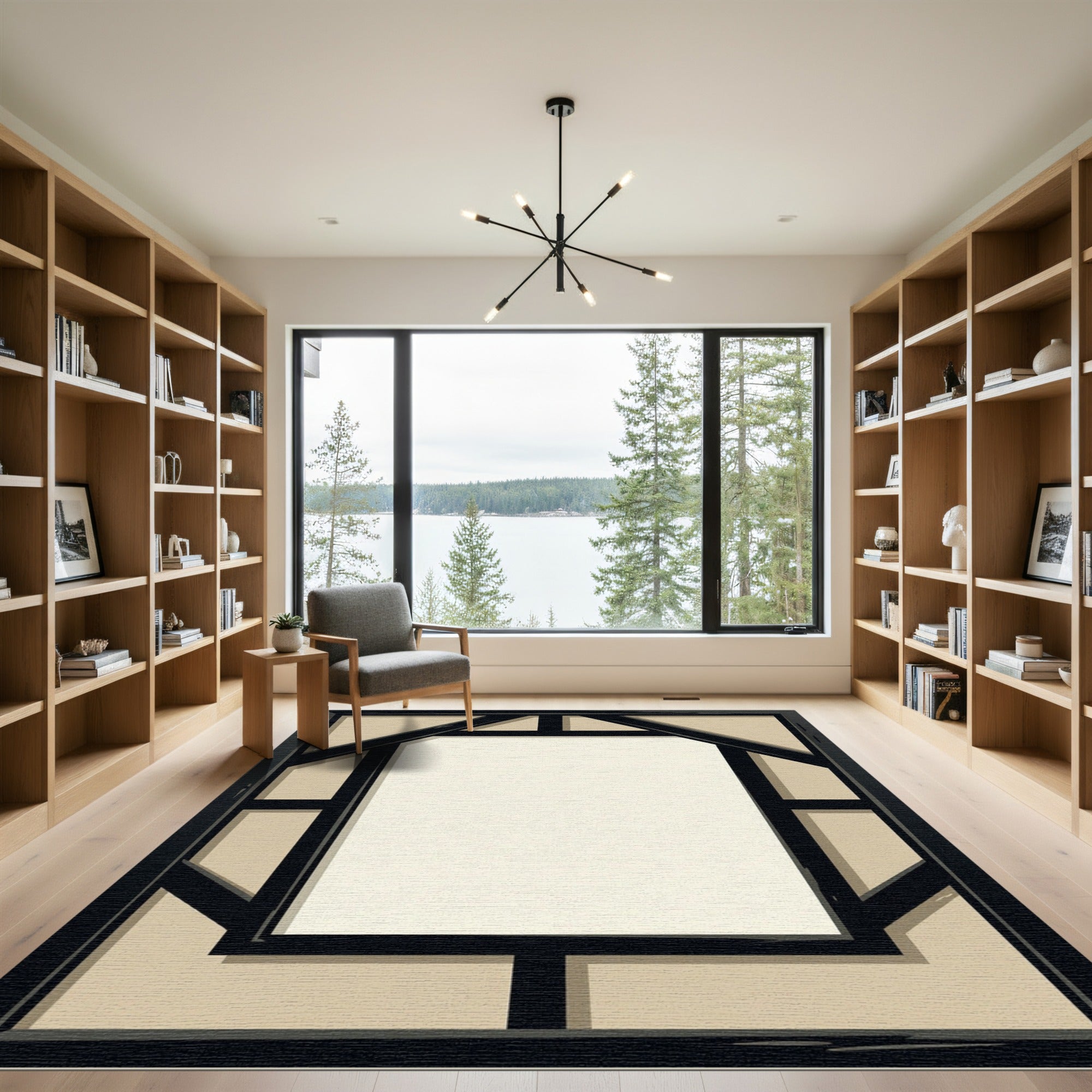 Geometric Black Frame Beige Rug