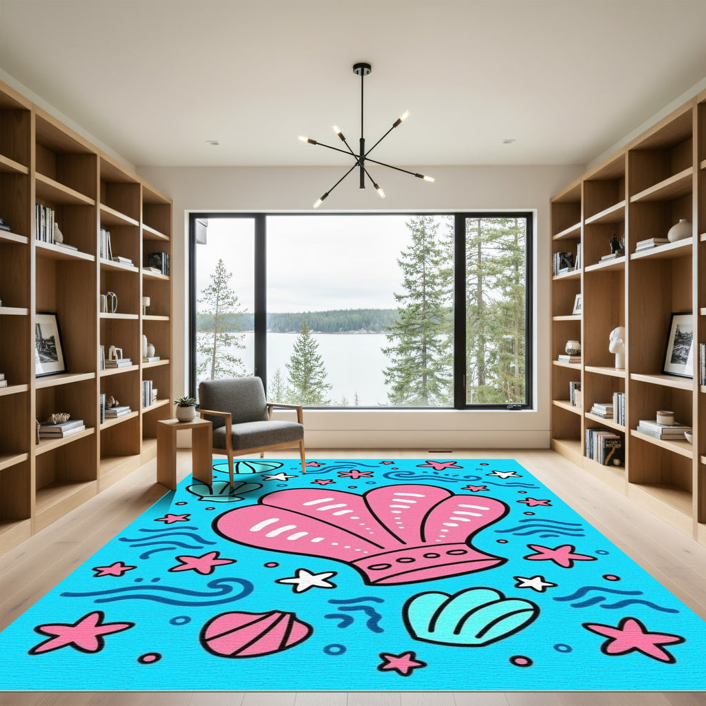 Pink Seashells Blue Water Starfish Accent Rug