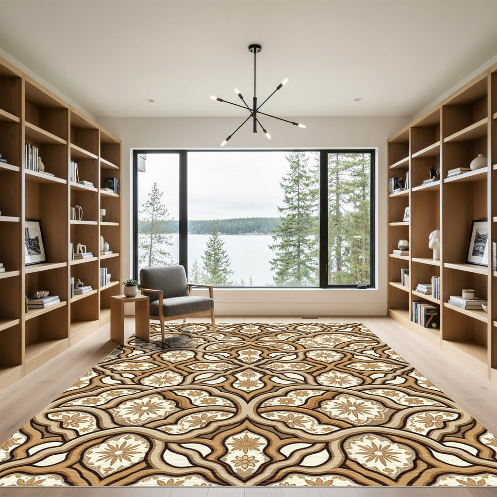 Elegant Gold Floral Damask Lattice Rug