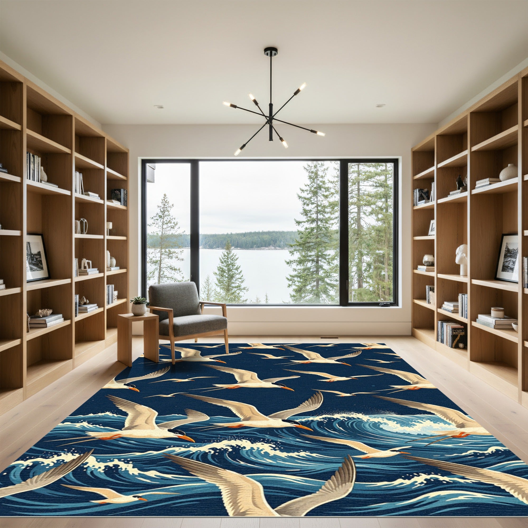 Soaring Seagulls Over Navy Ocean Waves Rug