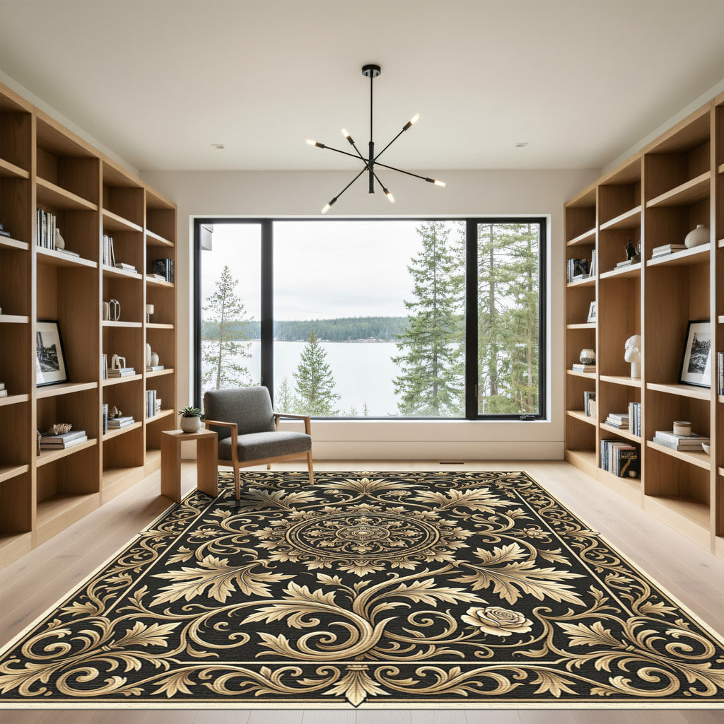 Golden Baroque Floral Medallion Rug