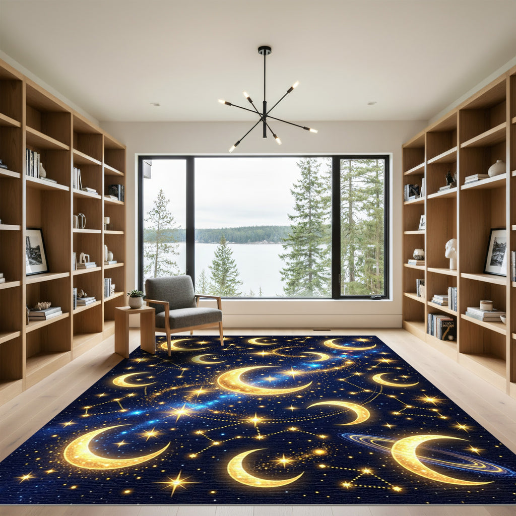 Golden Celestial Moon and Starry Night Rug