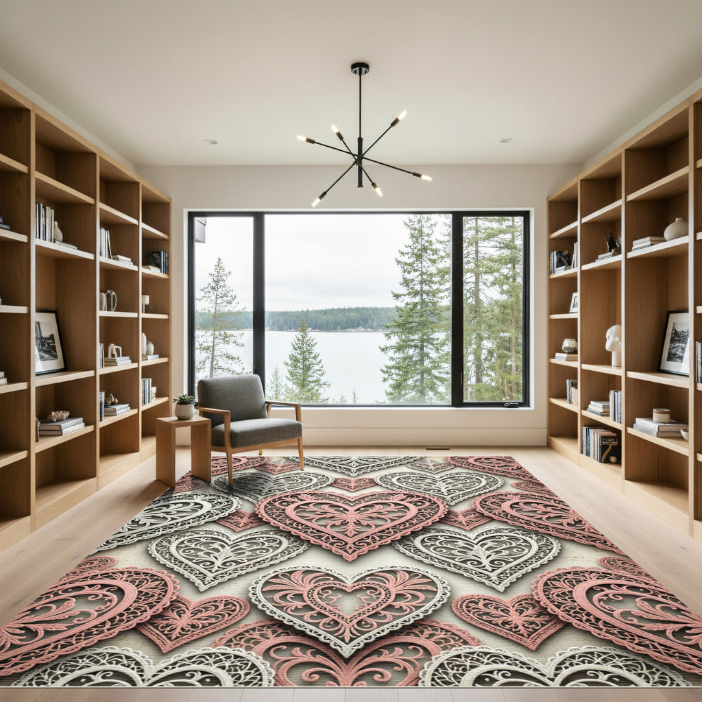 Coral White Filigree Heart Pattern Rug