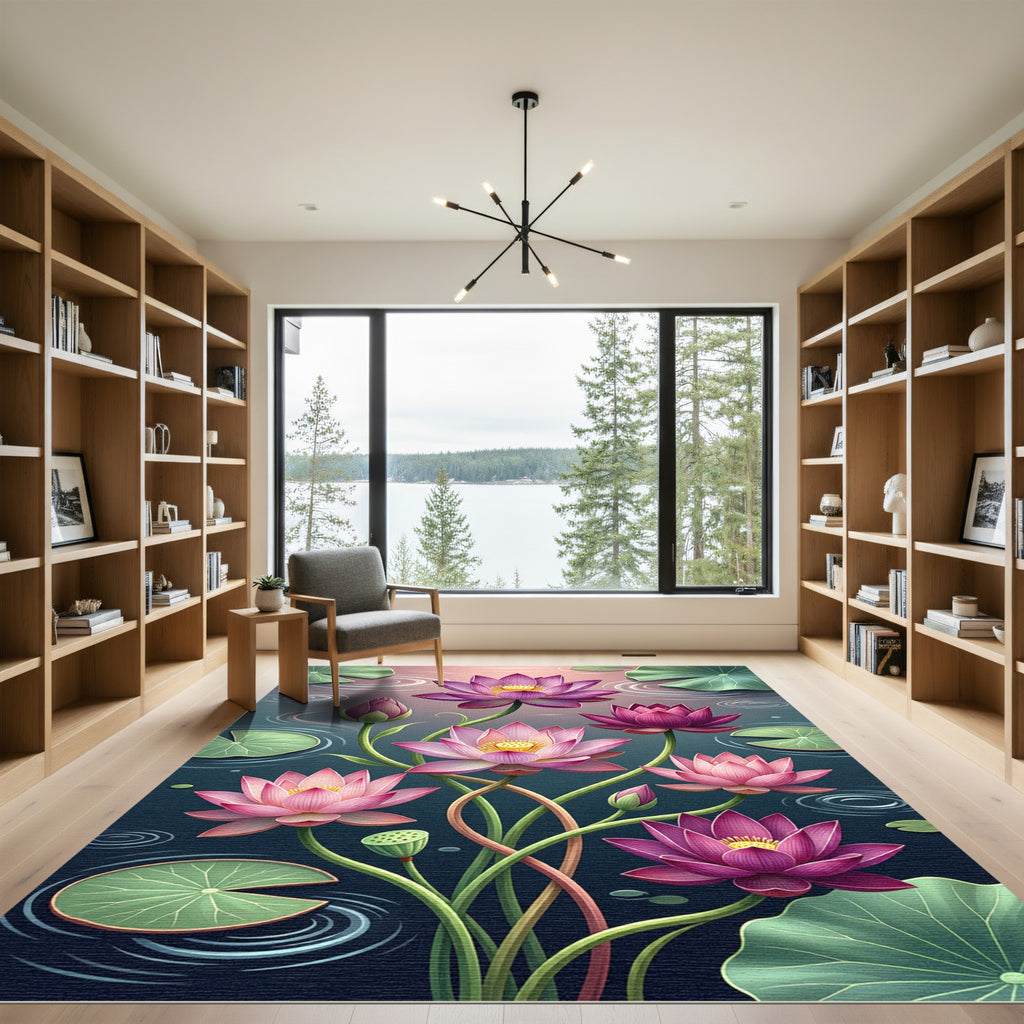 Pink Lotus Flower Botanical Pond Rug