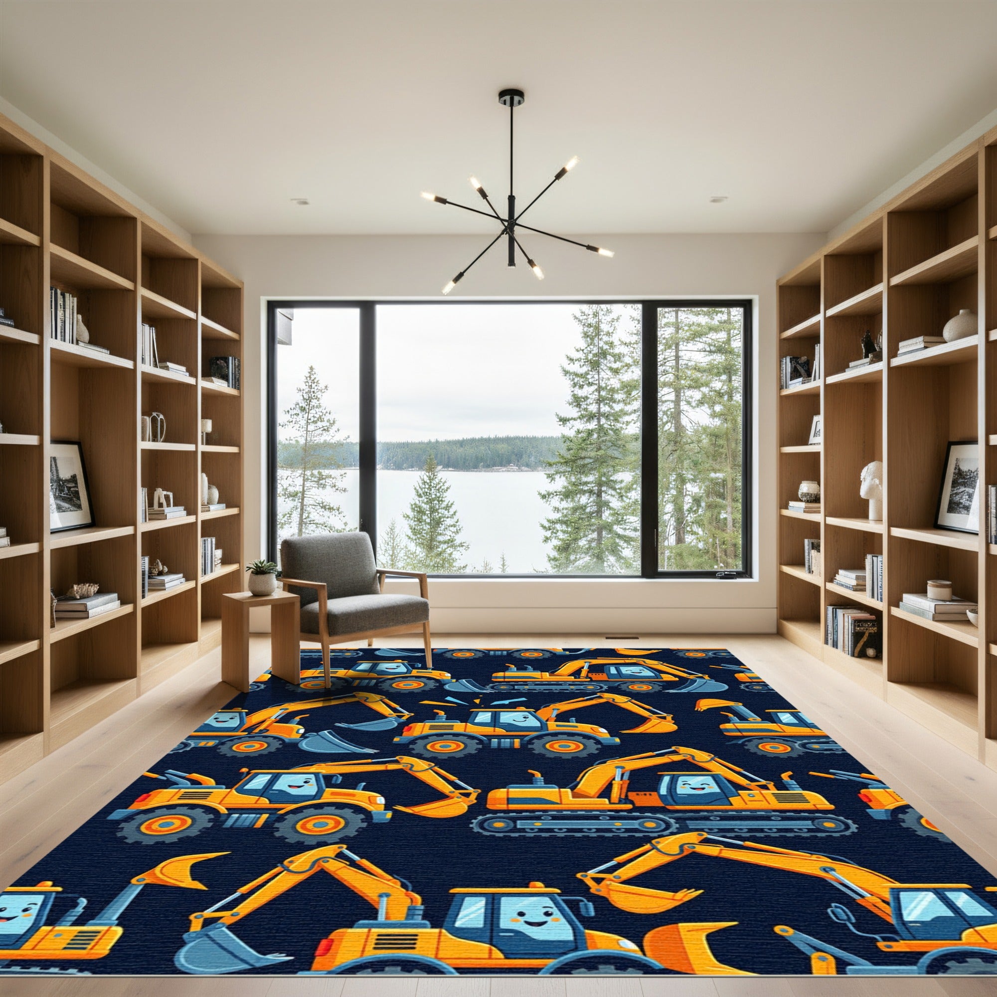 Playful Yellow Construction Excavator Illustration Rug