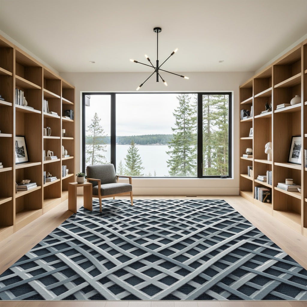 Contemporary Gray Interwoven Geometric Grid Rug