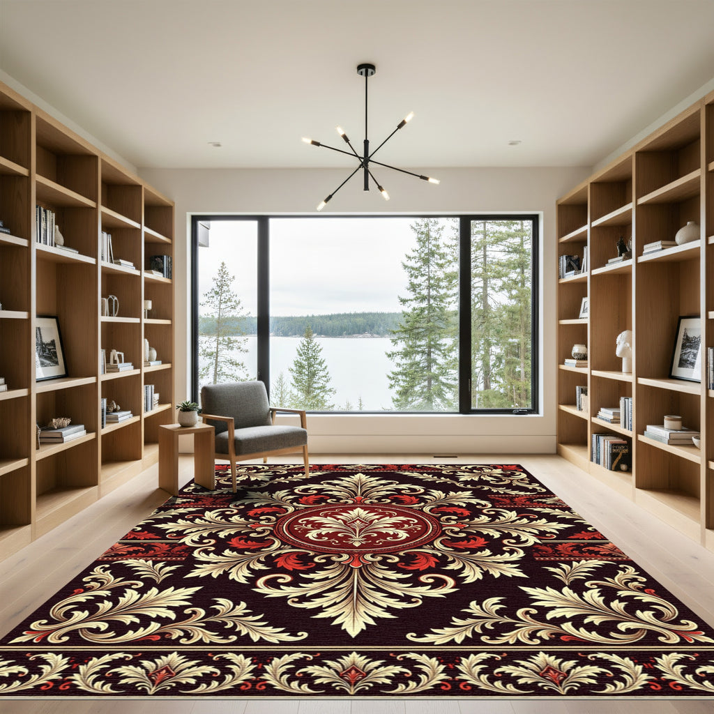 Ornate Burgundy Cream Damask Medallion Rug