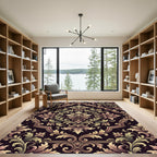 Elegant Damask Floral Scroll Aubergine Gold Rug