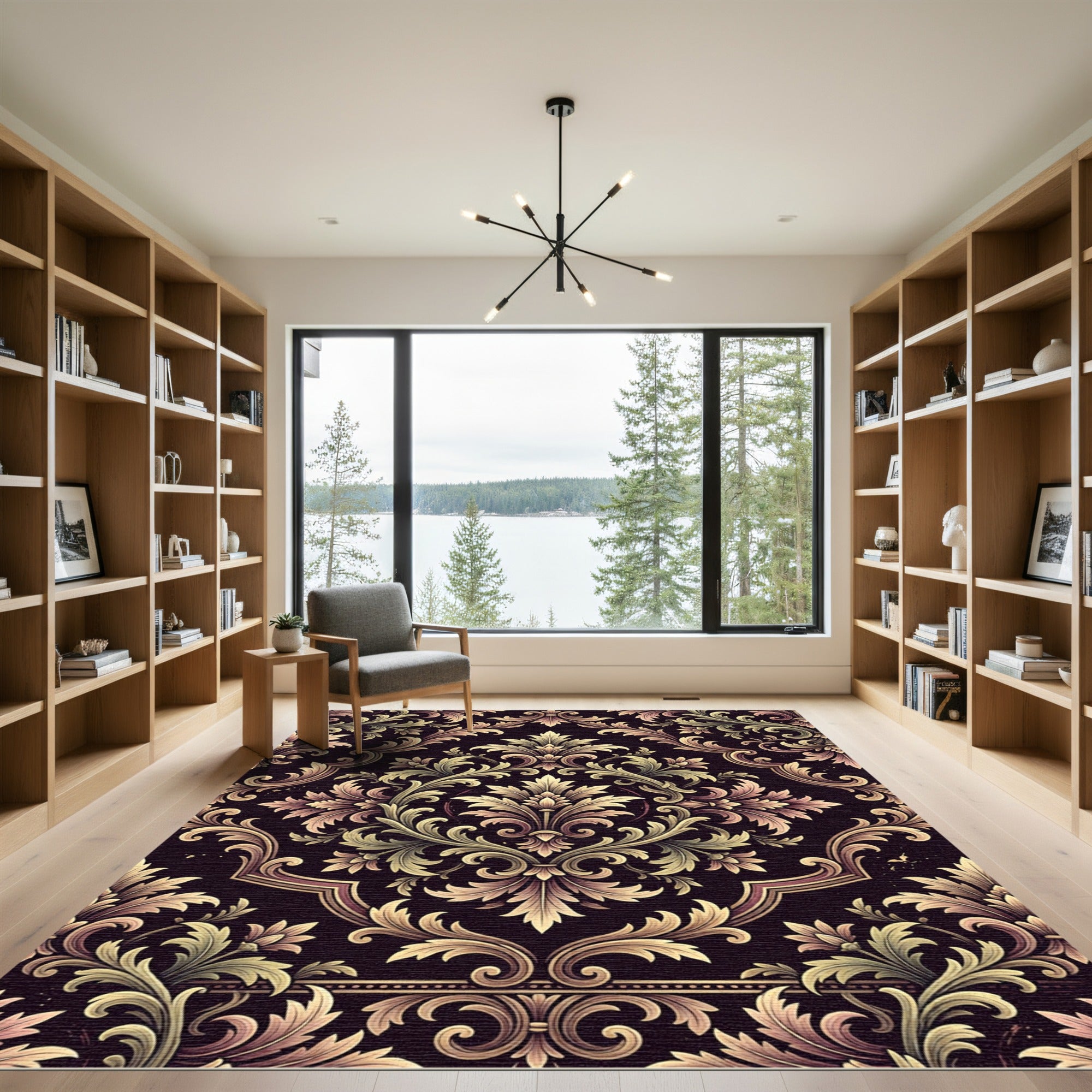 Elegant Damask Floral Scroll Aubergine Gold Rug