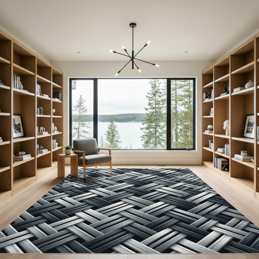 Monochrome Interlocking Geometric Woven Texture Rug