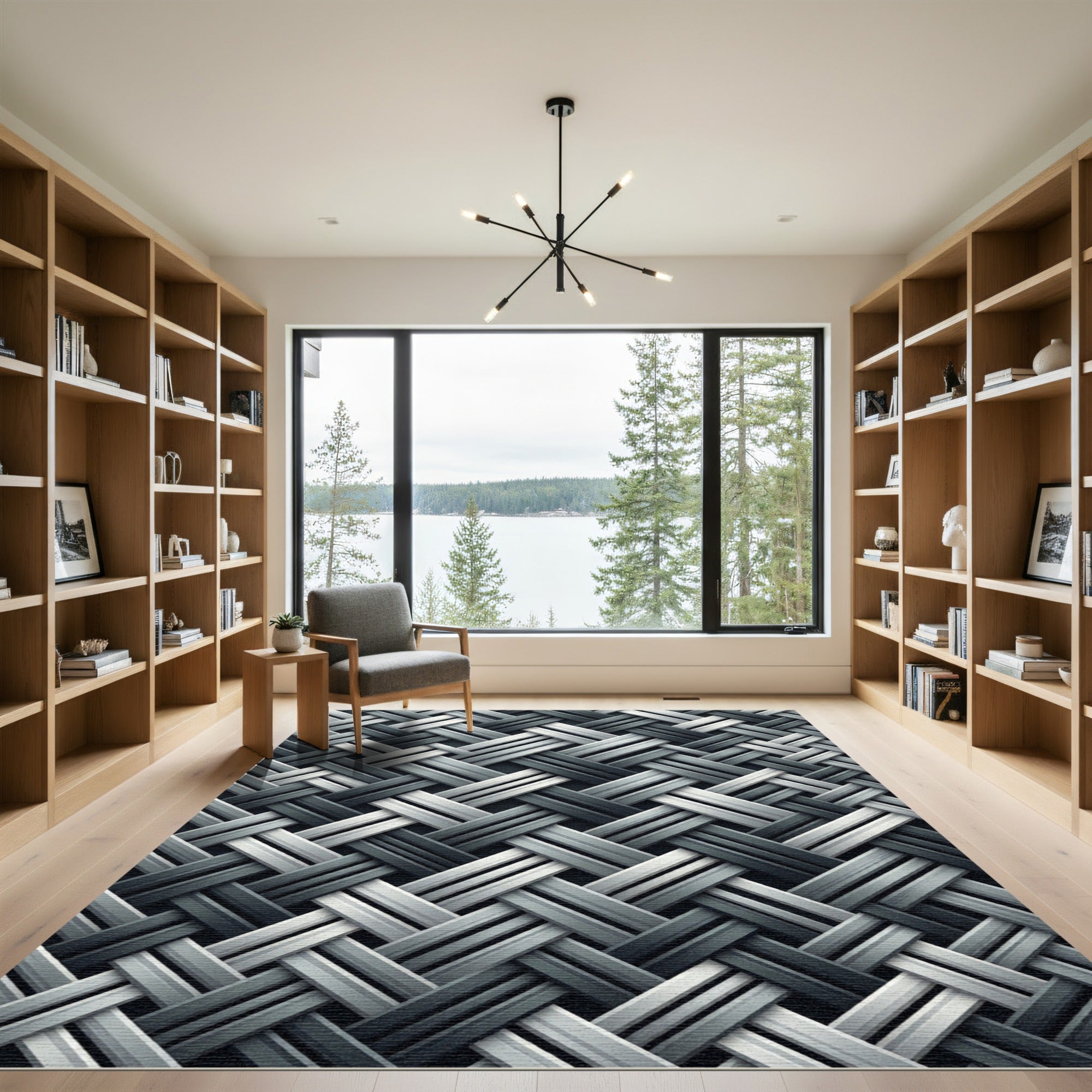 Monochrome Interlocking Geometric Woven Texture Rug