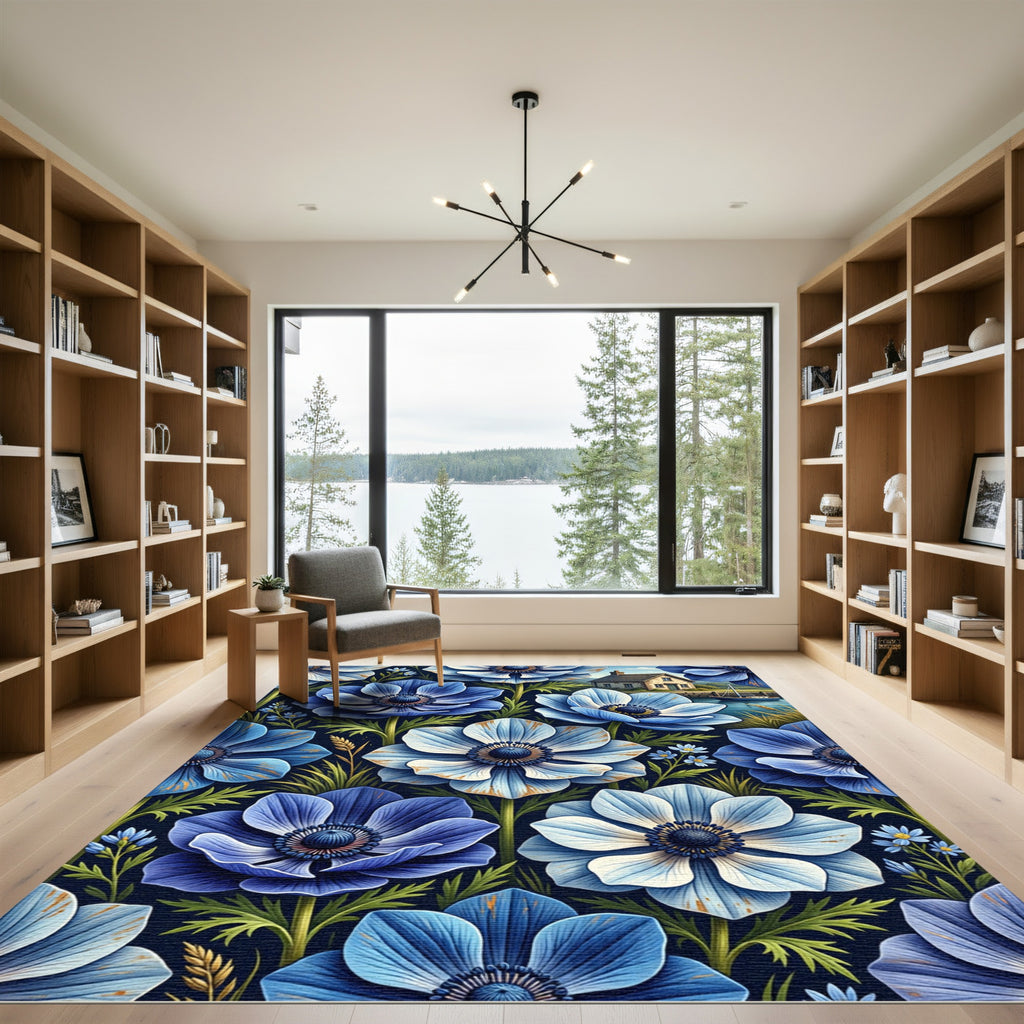 Blue Anemone Floral Coastal Meadow Rug