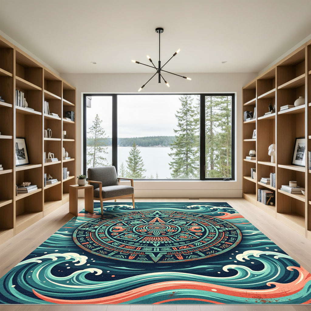 Aztec Sun Medallion Ocean Waves Rug