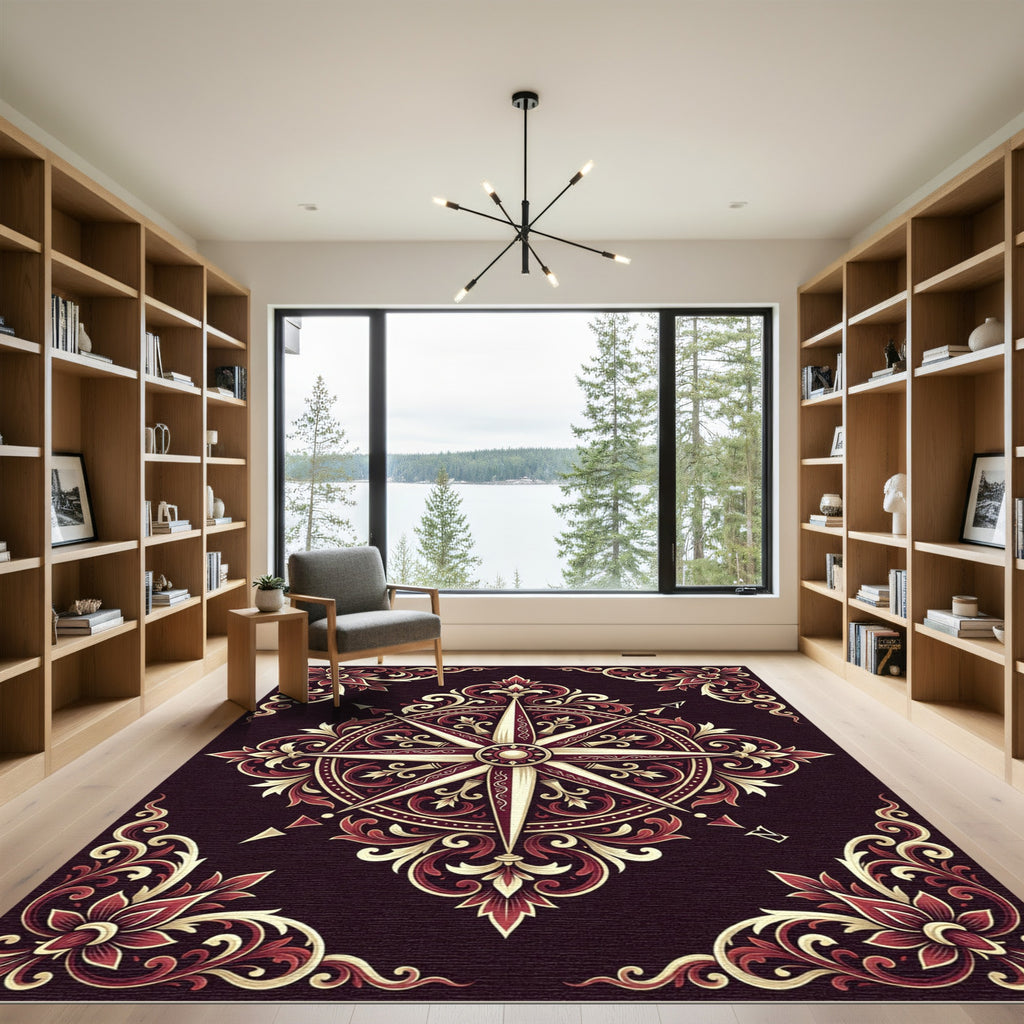 Crimson Gold Ornate Compass Rose Medallion Rug
