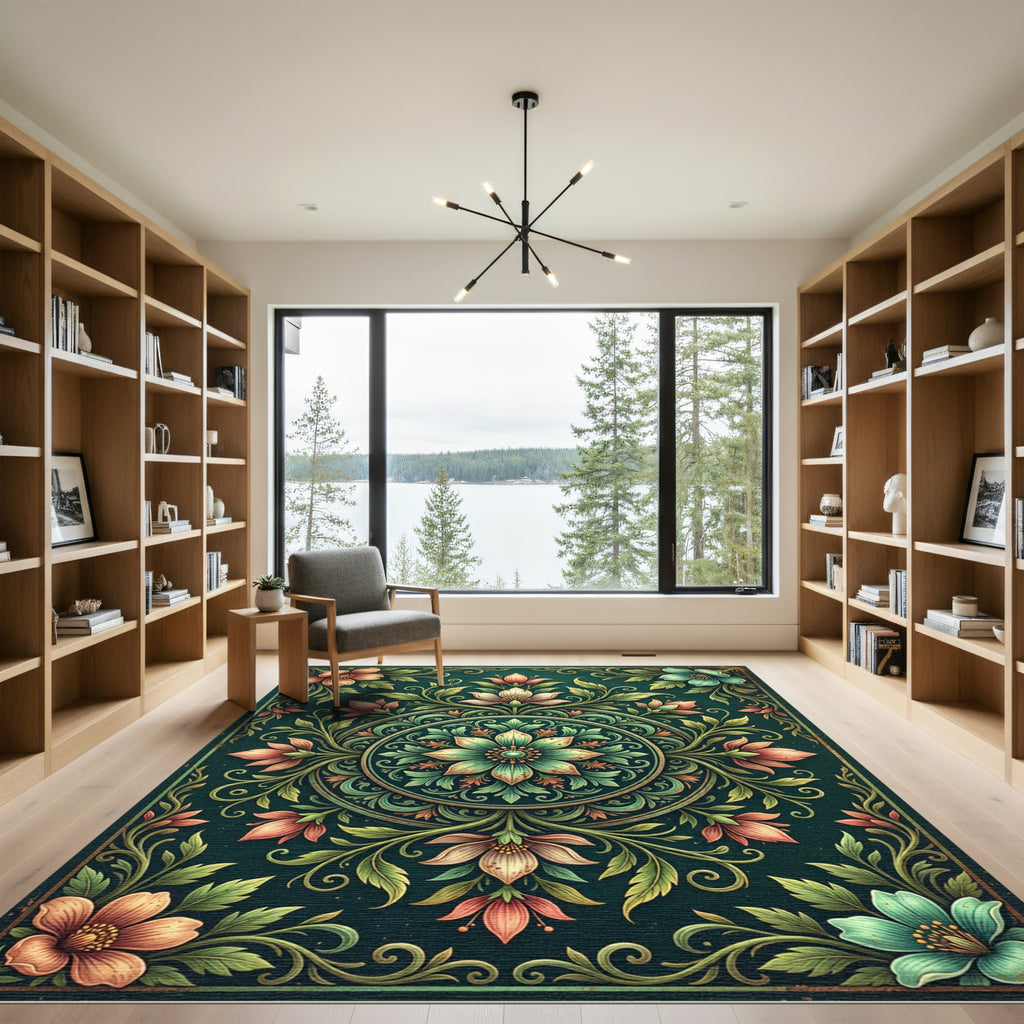 Ornate Emerald Floral Circular Medallion Rug