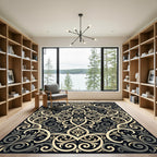 Elegant Black and Gold Filigree Scroll Rug
