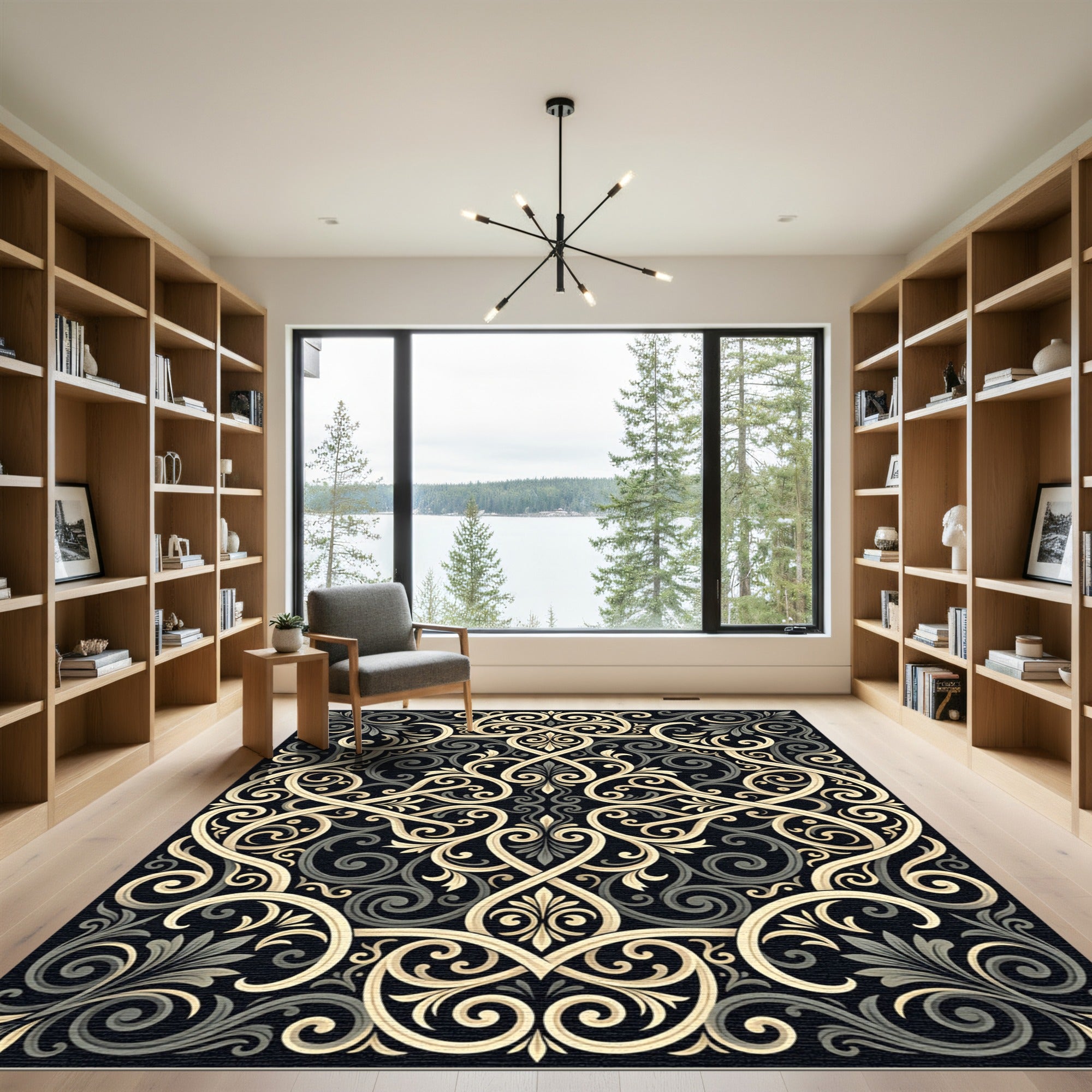Elegant Black and Gold Filigree Scroll Rug