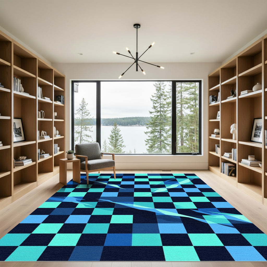 Abstract Blue Checkerboard with Fluid Light Rug