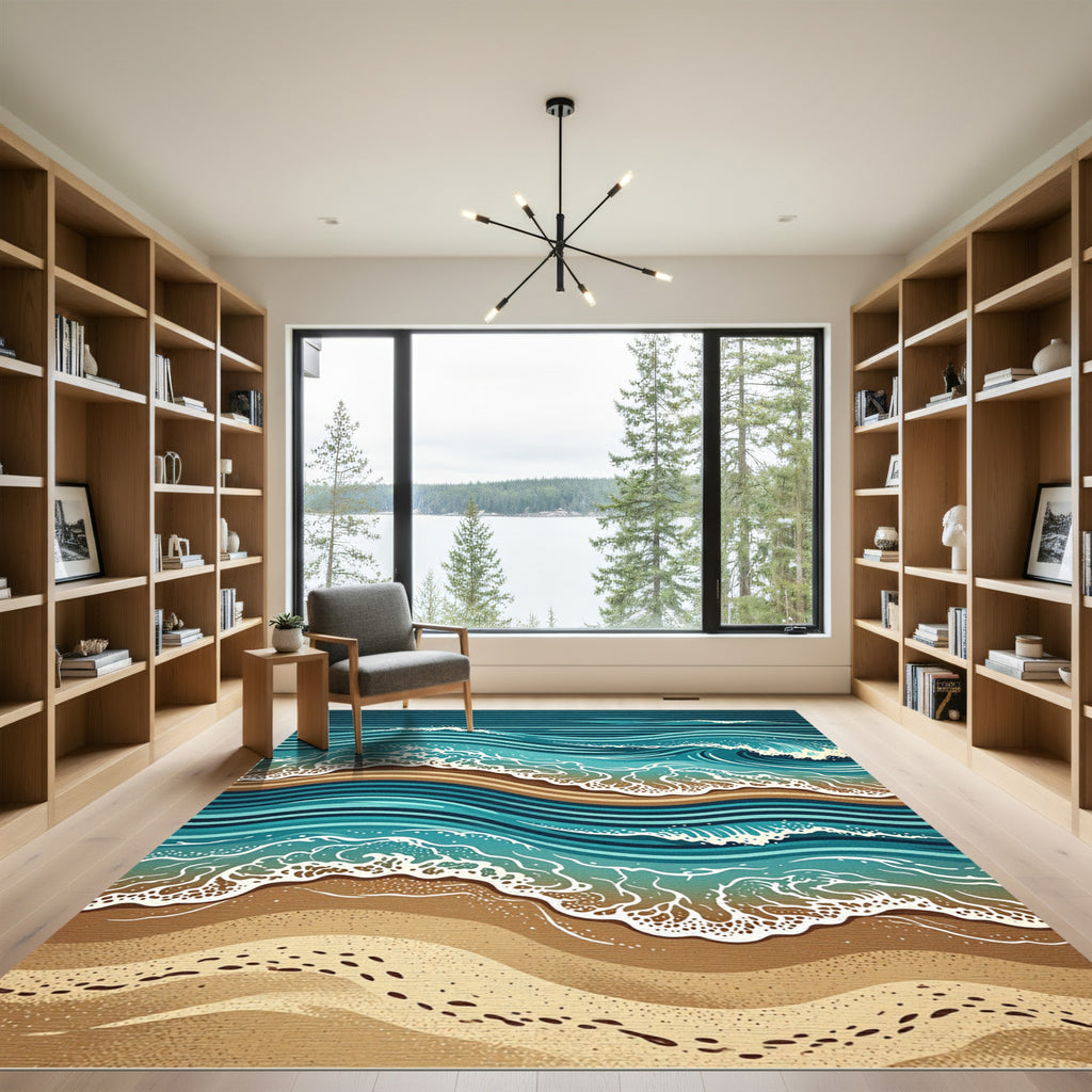 Abstract Blue Coastal Wave Ocean Artwork Rug