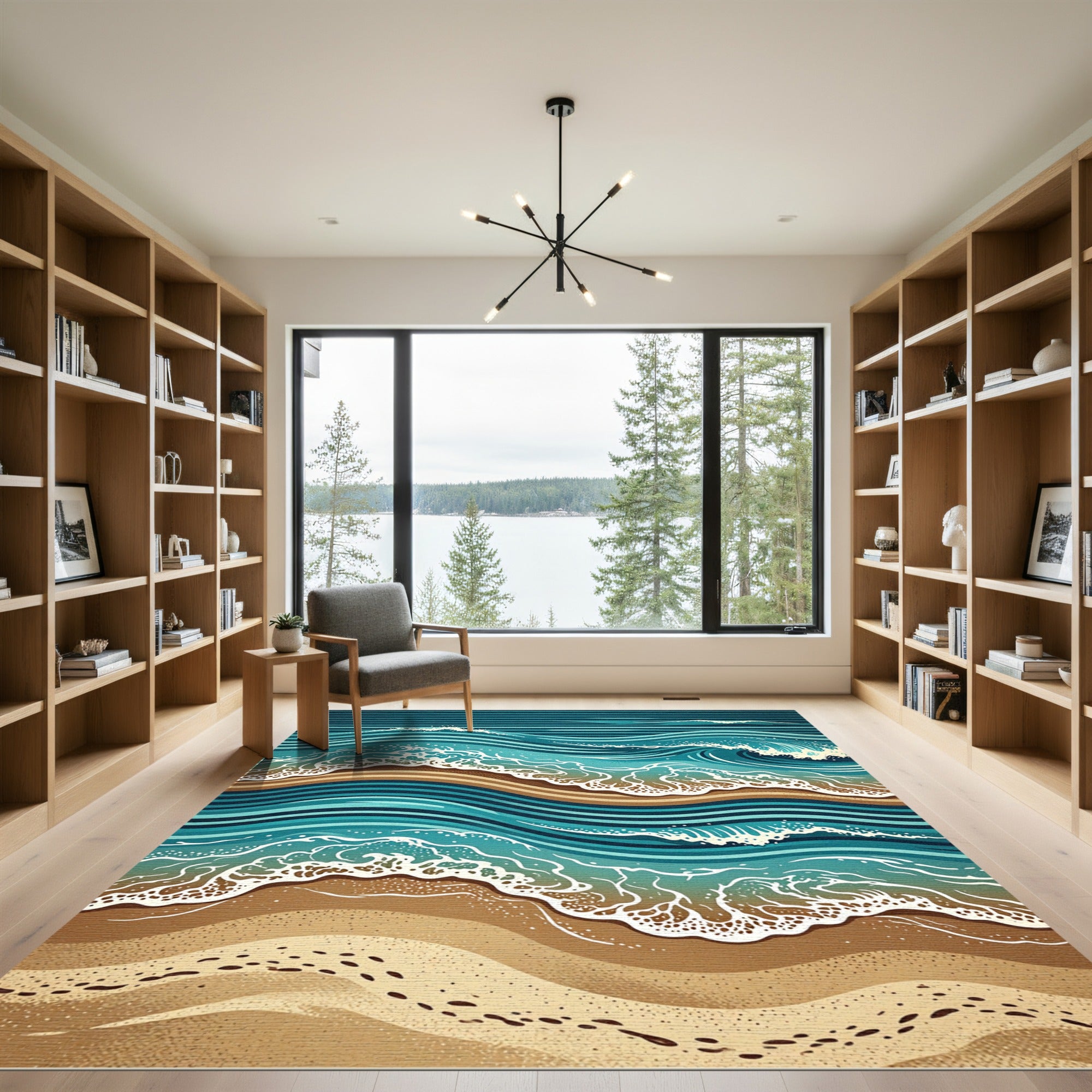Abstract Blue Coastal Wave Ocean Artwork Rug