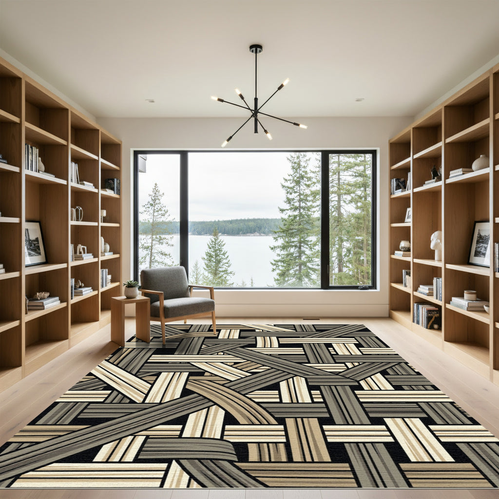 Woven Tan Gray Interlocking Bands Rug
