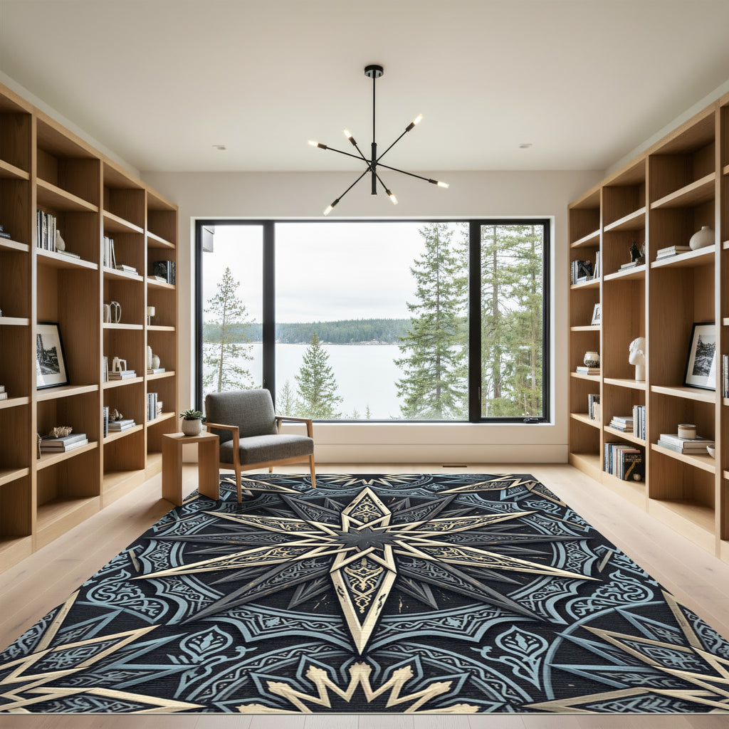 Celestial Gold Geometric Star Medallion Rug