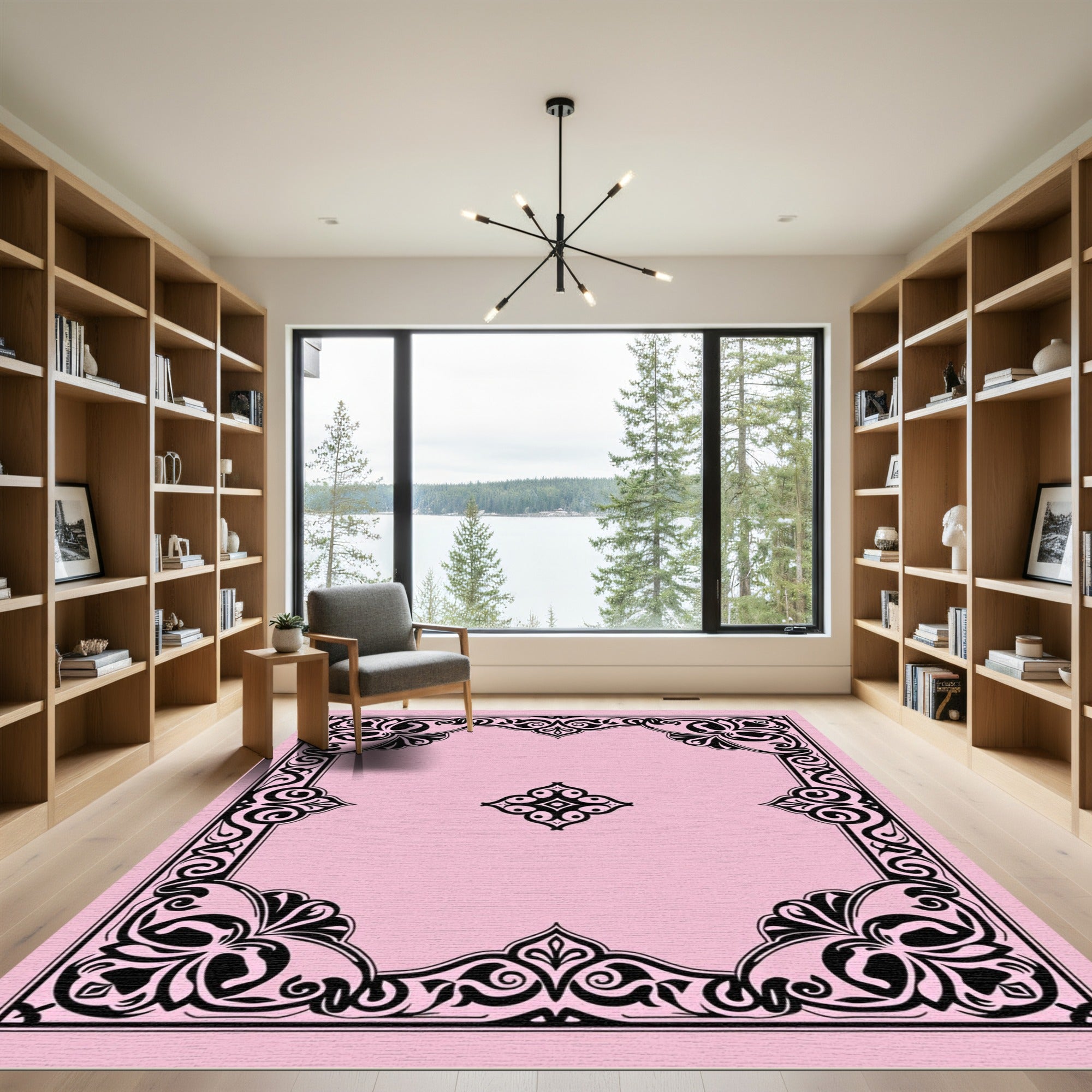 Pink Black Ornate Floral Frame Rug