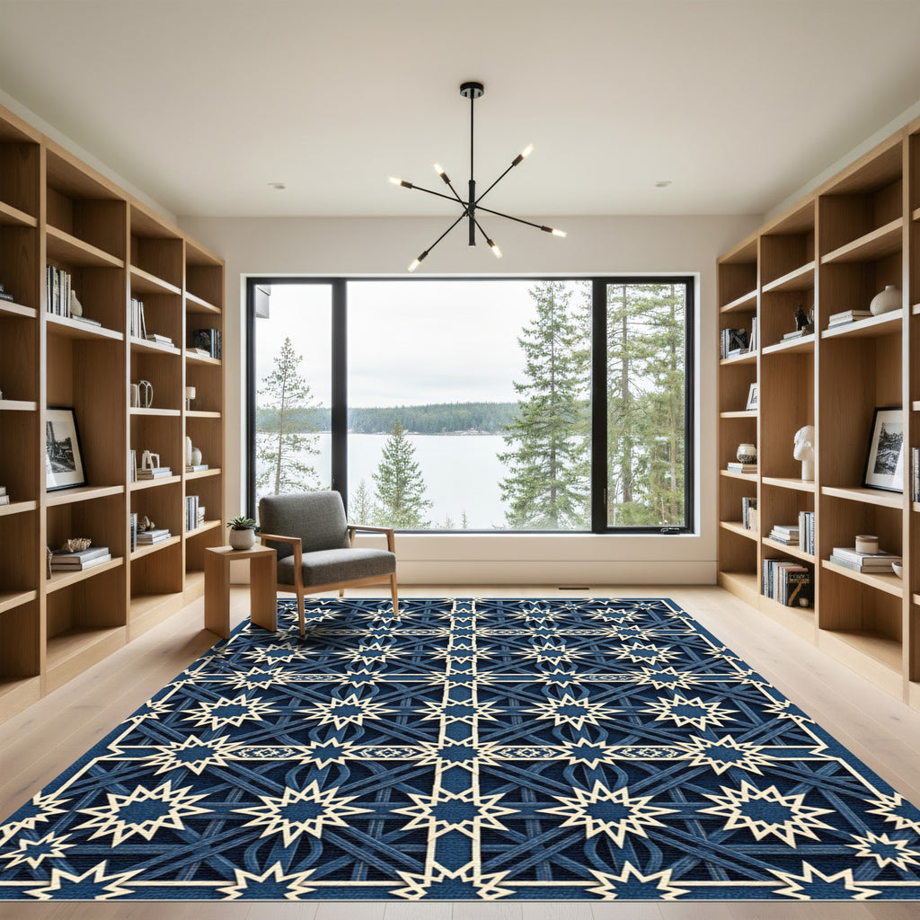 Midnight Geometric Navy Star Grid Rug