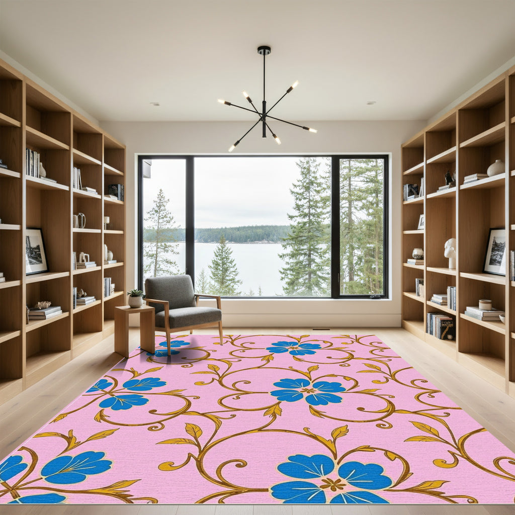 Blue Floral Vines on Pink Background Rug