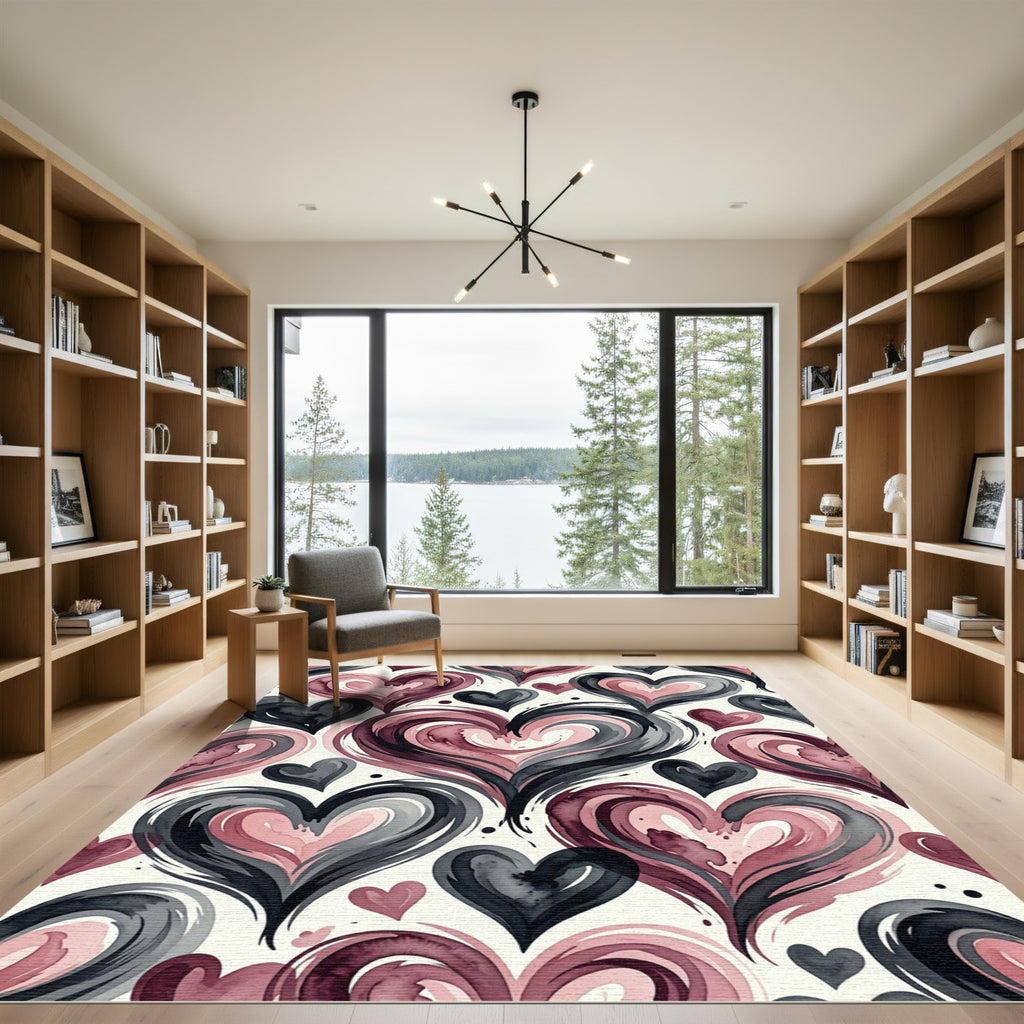 Watercolor Crimson Hearts Swirl Rug