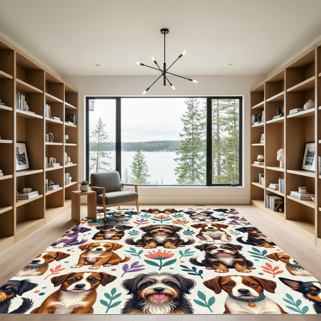 Whimsical Colorful Puppy and Floral Illustration Rug