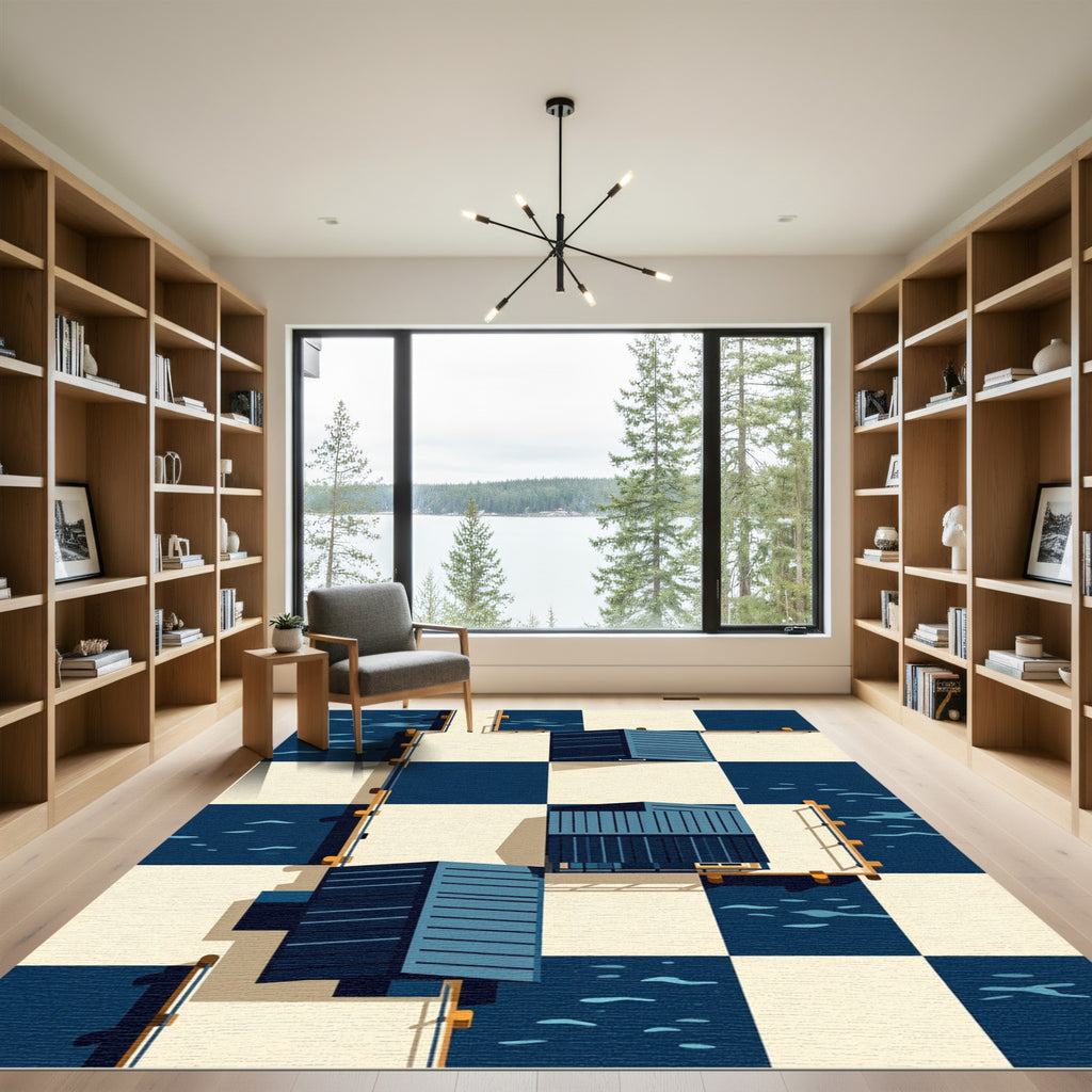 Modern Navy Geometric Checkerboard Abstract Rug