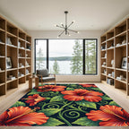Vibrant Red Hibiscus Floral Swirls Rug
