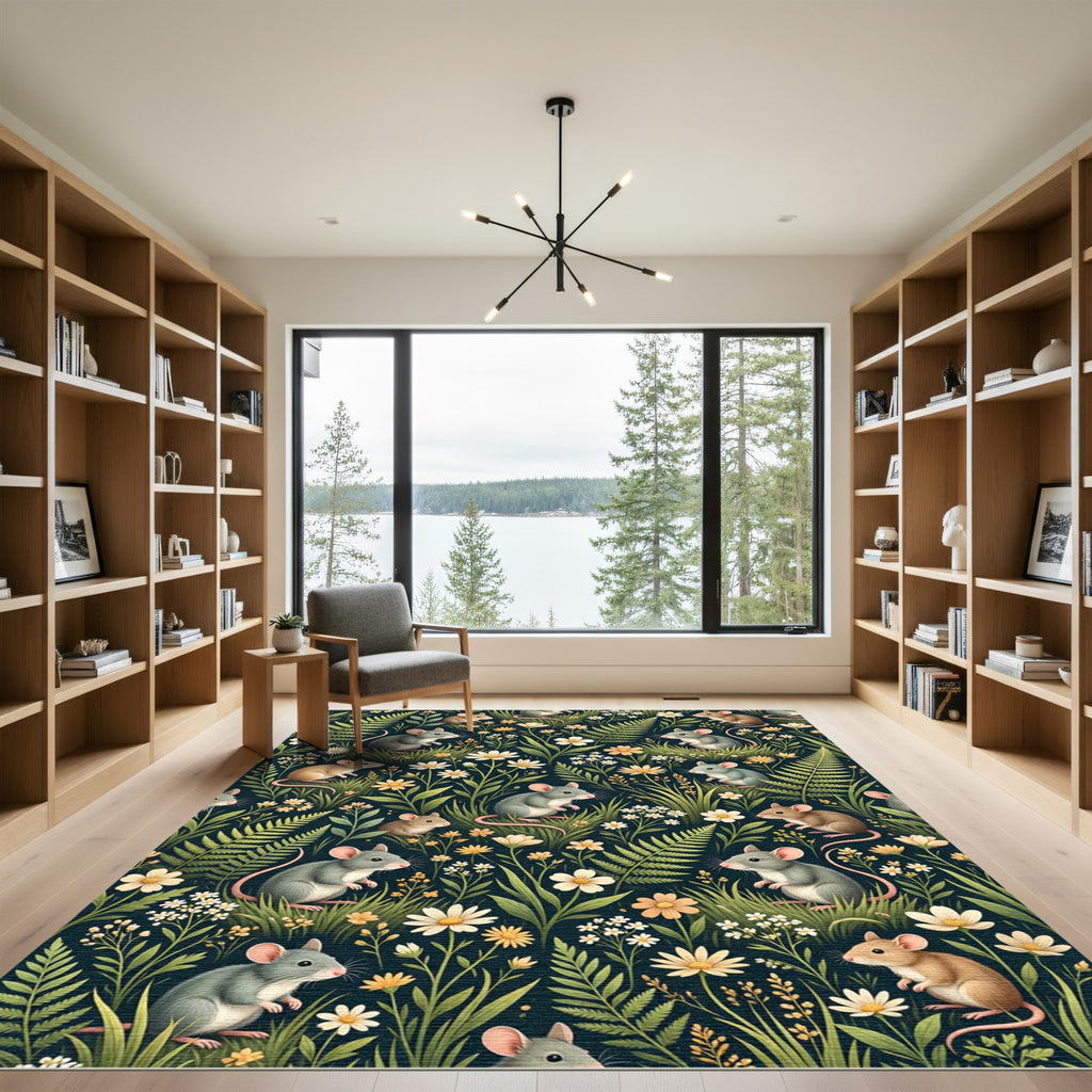 Whimsical Mice and Meadow Flower Field Rug
