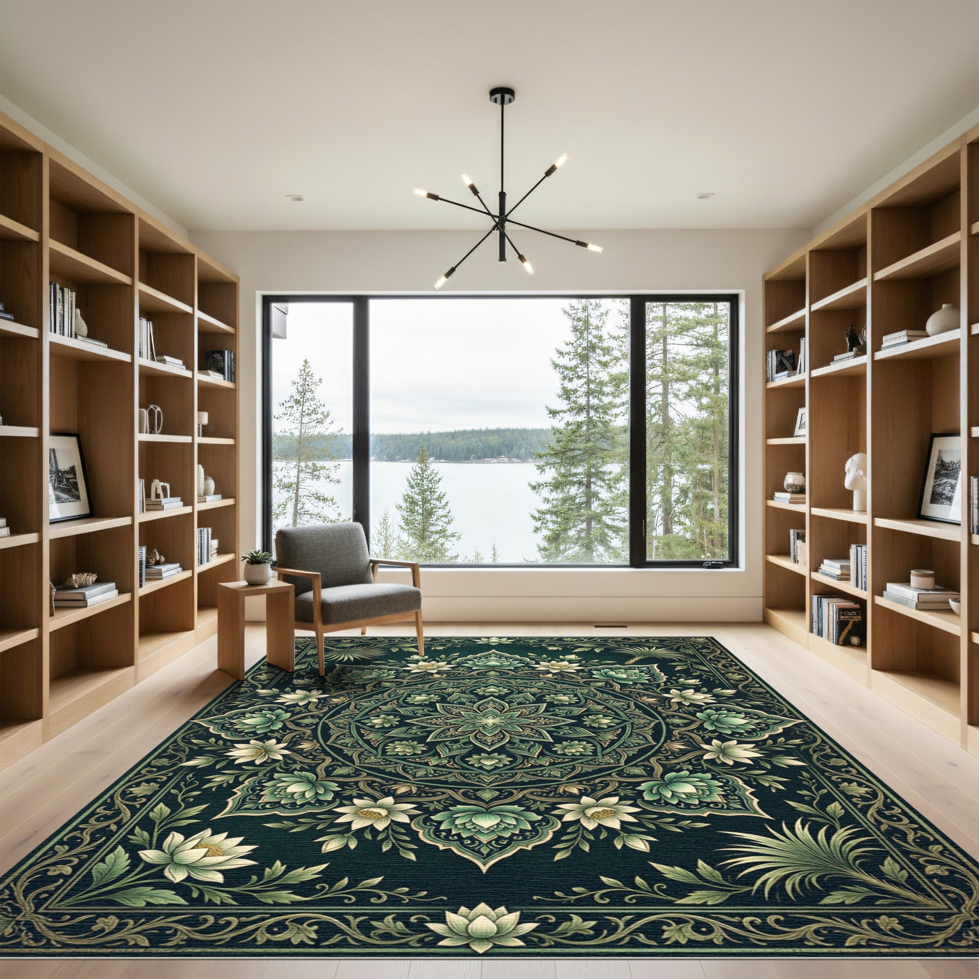 Emerald Green Floral Lotus Mandala Rug