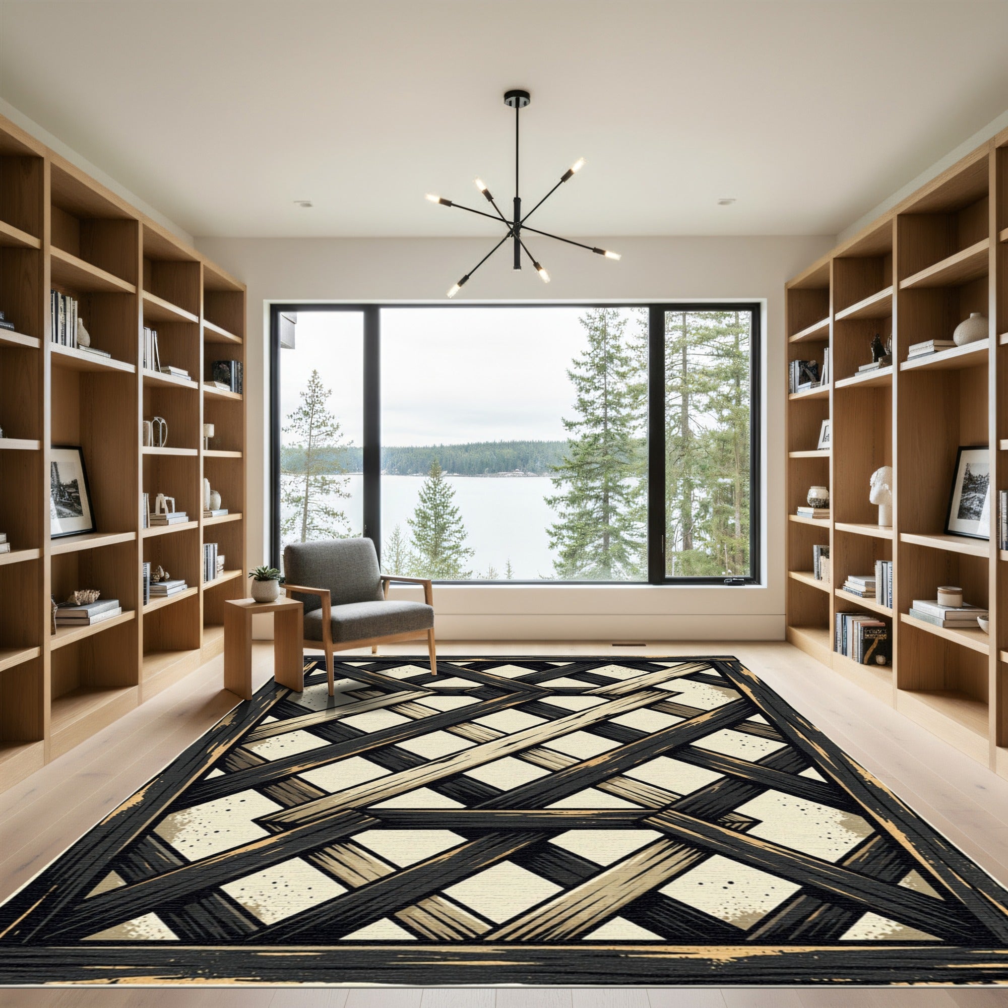 Dark Wood Geometric Lattice Grid Rug