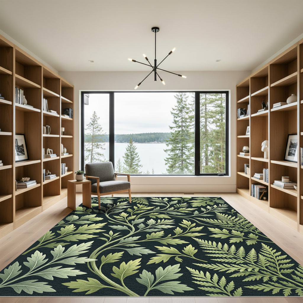 Lush Green Botanical Fern Foliage Rug