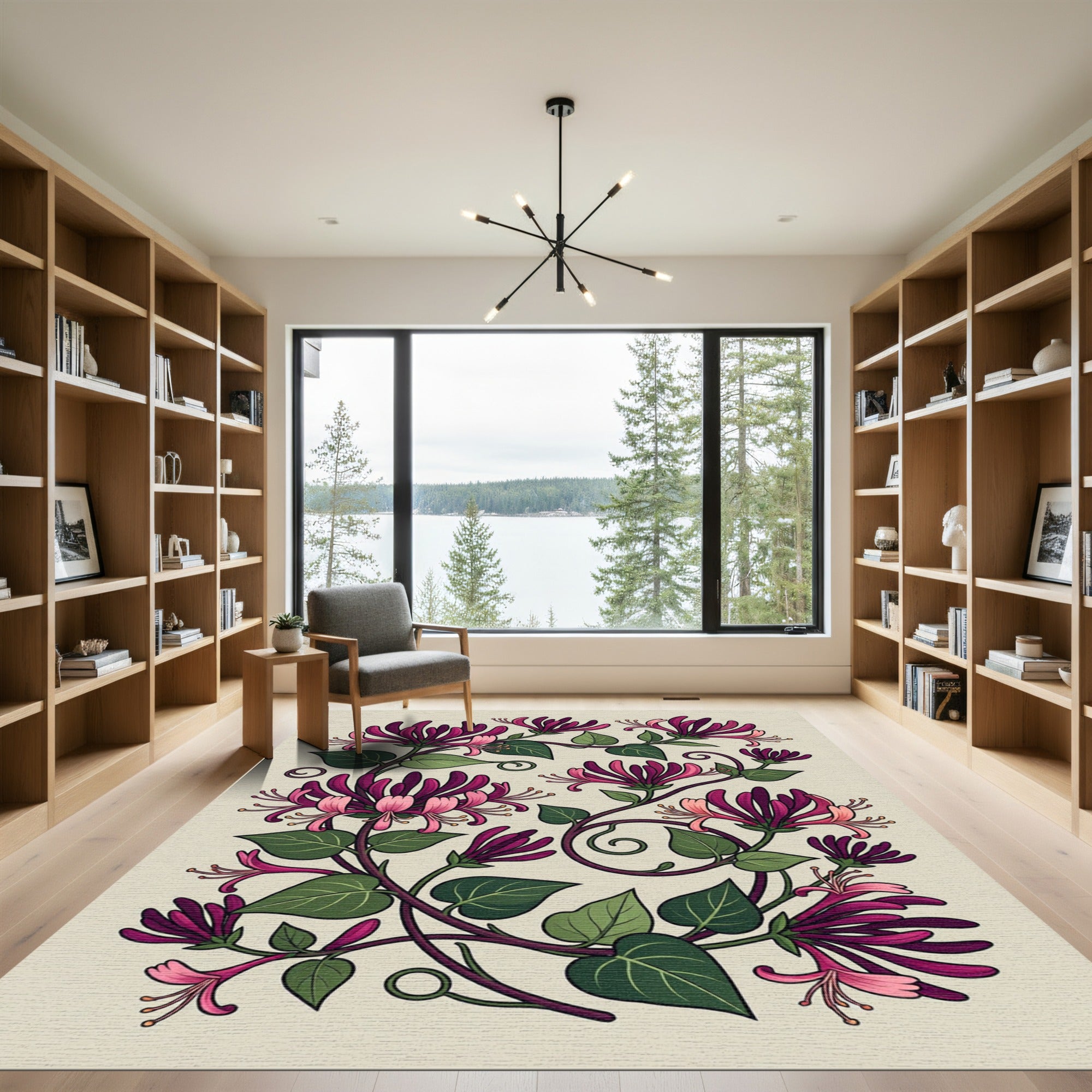 Elegance Crimson Honeysuckle Botanical Illustration Rug